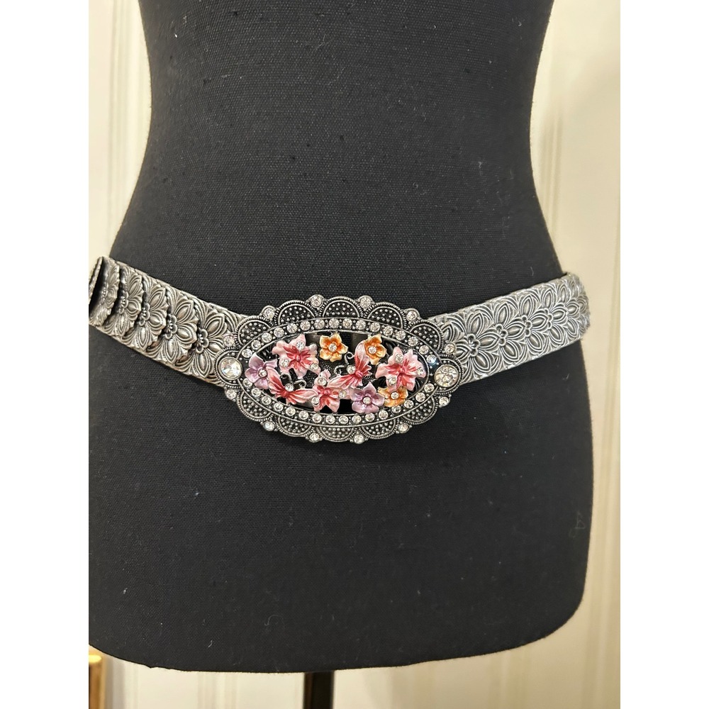 Vintage Y2K Silver Floral Butterfly Enamel Rhinestone Stretch  Belt 32 in Gypsy